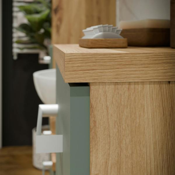 Furniture To Go Veris Bathroom Cupboard with 1 Door & 1 Drawer in Artisan Oak and Sage Green