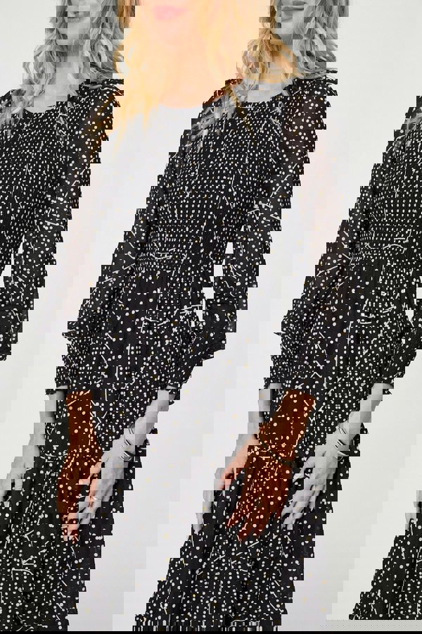 Black | Polka Dot Print Puff Sleeve Midi Dress
