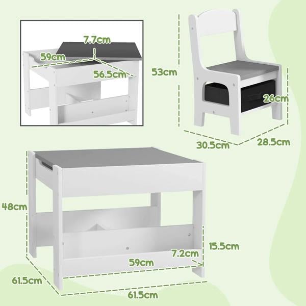 Kids three-piece table and chair set with grey tabletop and storage compartments