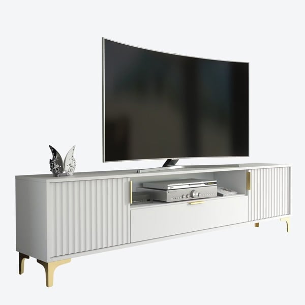 Mex Furniture Luxurious White TV Stand with Fluted Doors & Gold Accents – 200cm Media Console