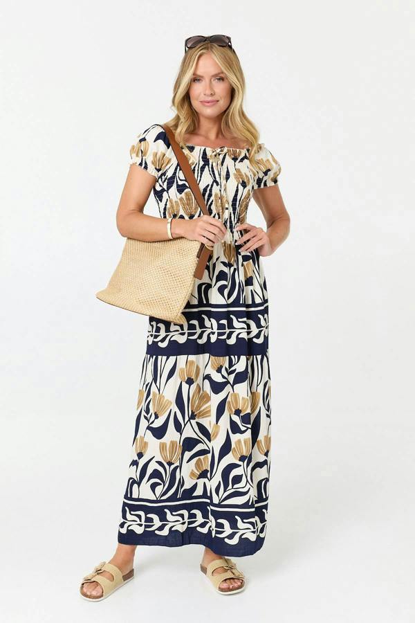 Navy | Floral Short Sleeve Bardot Maxi Dress