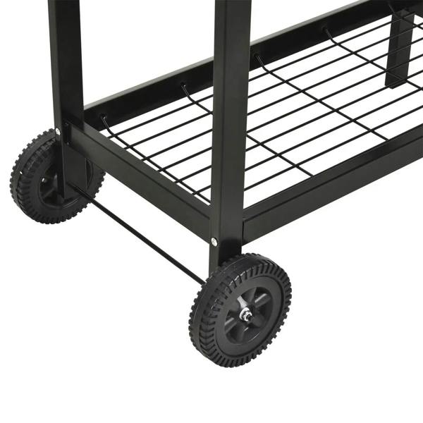 Black BBQ grill cart with large wheel and crossbars, featuring two-tier grilling racks