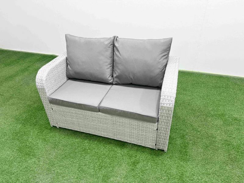 Fimous High Back Outdoor Set, Poly Rattan, Reclining Loveseat, Oblong Coffee Table, Big Stool and 2 Side Tables, Light Grey