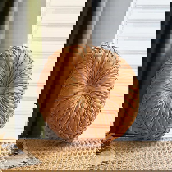 ANYHOUZ Round Pleated Velvet Pillow Soft Cushion Fill