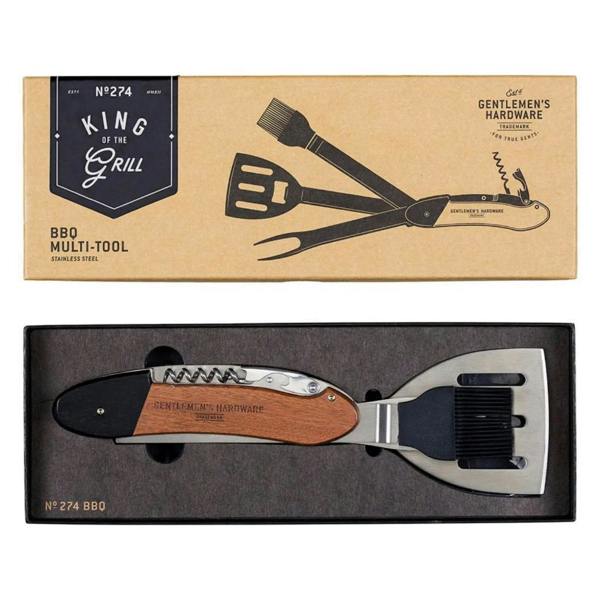 BBQ Multi-Tool nested inside its black presentation tray below its kraft paper "King of the Grill" gift box.