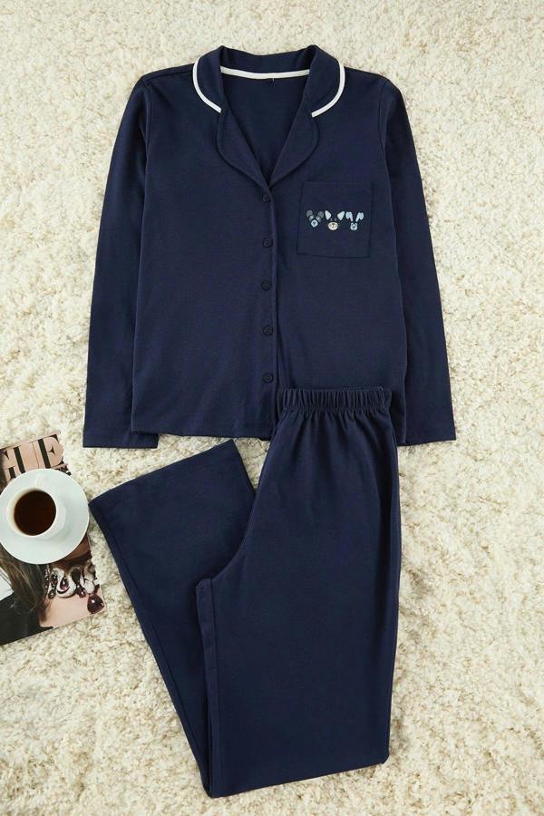 WOVCOR 2-Piece Knit Pajama Set with Piping and Pocket Detail