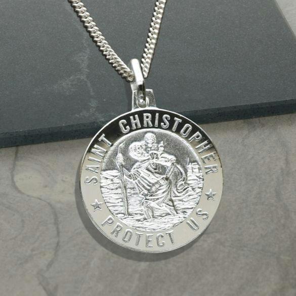 Christopher James of London Sterling Silver 12mm 3D St Christopher Pendant With Free Engraving & Chain