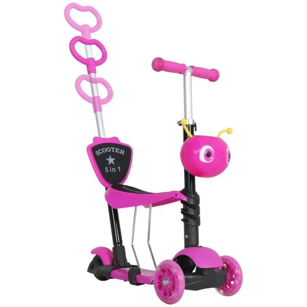 Pink kids adjustable scooter with removable seat and back handle, three-wheel base