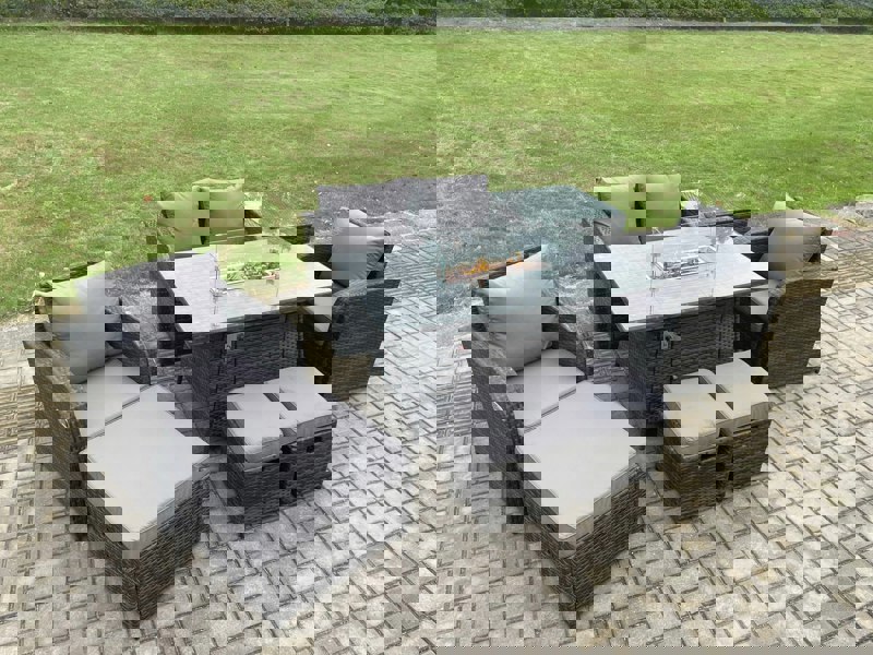 Fimous Rattan Garden Furniture Set Outdoor Patio Gas Fire Pit Dining Table and Chairs with Love seat Sofa 3 Footstools Side Table
