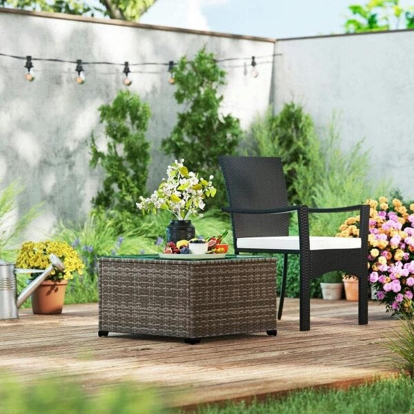 62 x 62cm Glass-Top Rattan Side Table - Dark Grey