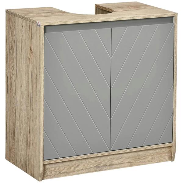 Floor-standing bathroom storage cabinet with two grey doors and adjustable shelf, oak sides