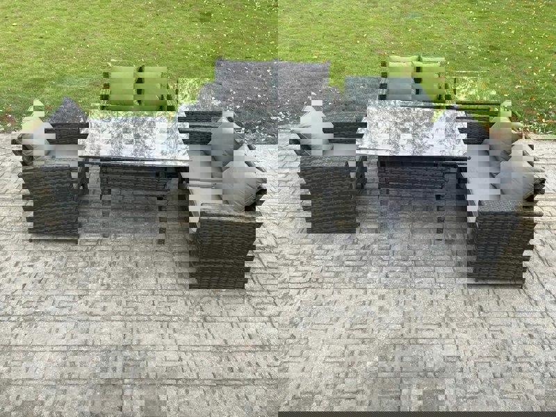 Fimous Wicker Rattan Garden Dining Set Outdoor Furniture Sofa with Dining Table Double Seat Sofa Side Table Dark Grey Mixed