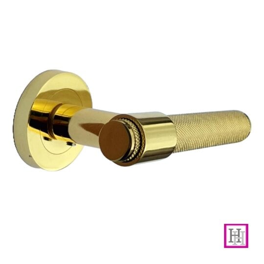 EDH Door Hardware Knurled Door Handles Polished Brass Loop & Neck On Round Rose Lach Handle