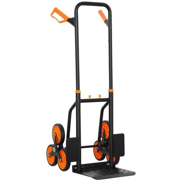 Black six-wheel folding sack barrow trolley with orange wheels and handles
