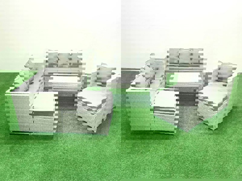 Fimous Wicker PE Rattan Sofa Garden Furniture Set with Oblong Coffee Table Armchair 2 Big Footstools Light Grey Mixed