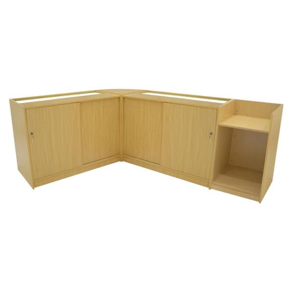 Vega LED Shop Counter Set in maple finish, featuring sleek lines, ample storage with cabinets, and a modern design for retail spaces