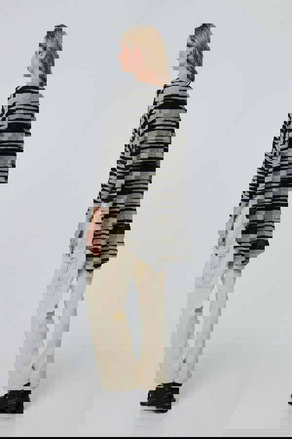 Grey | Striped Asymmetric Long Sleeve Tunic Top
