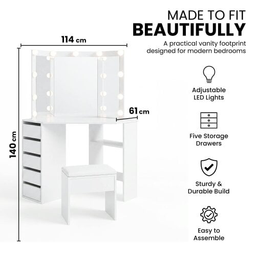 Kosy Koala White Dressing Table Wood Makeup Desk with LED Mirror 5 Drawers Corner