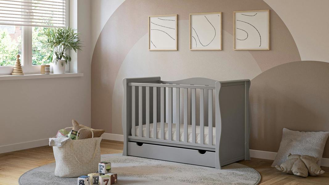 Viculii Willow Grey Sleigh Mini Cot Bed with Drawer and Pocket Sprung Hypoallergenic Mattress