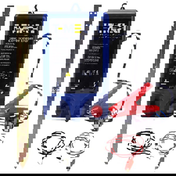 T-Mech Electric Fence Energiser in blue housing with red clips, includes grounding stake and cables for easy installation and use