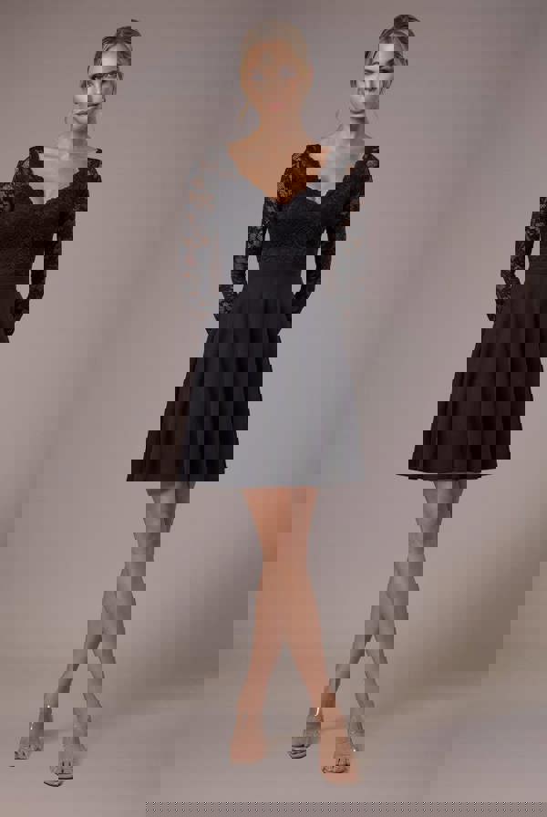 Off The Shoulder Lace Skater Mini Dress - Black DR2563C