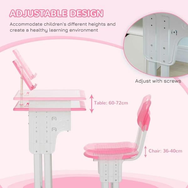 Adjustable kids desk and chair set with height-adjust table and seat sections.