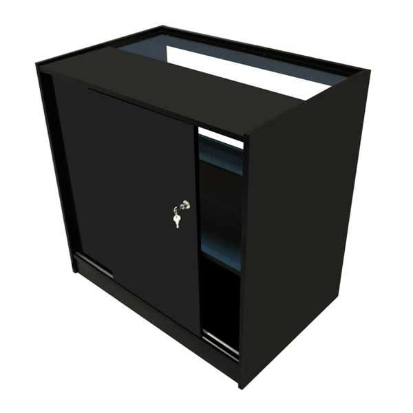 Sleek black LED retail shop counter C900 with a smooth finish, sliding door, and illuminated display shelves for showcasing products