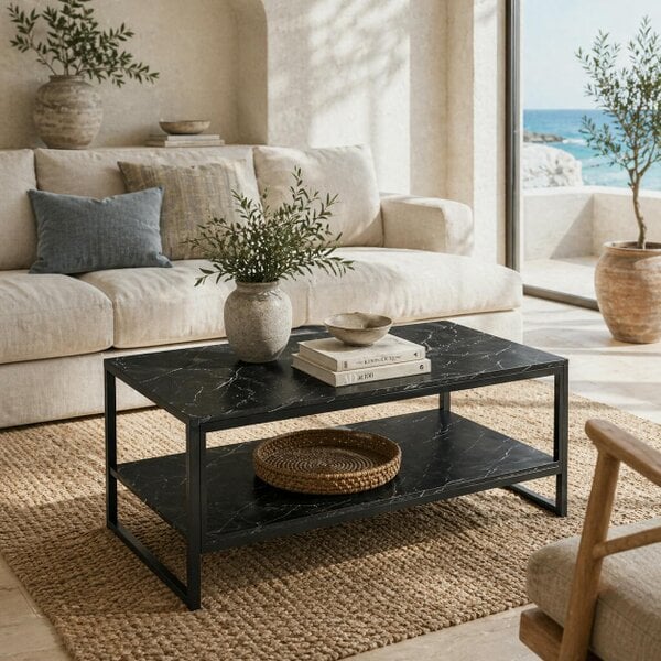Wyld Haus Minaba Metal And Wood Black 2 Tier Marble Effect Coffee Table With Bottom Shelf
