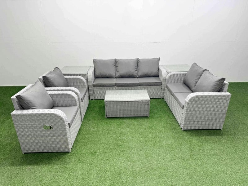Fimous PE Rattan Garden Furniture Set Adjustable Chair Sofa Double Love Seat 2 Seater Sofa Lounge Set Oblong Coffee Table 2 Side Table Light Grey