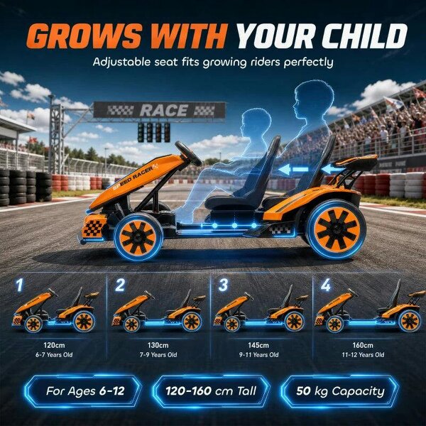 24V Electric Go Kart for Kids 6-12 Years with Drift Mode, Adjustable Seat, 3 Speed, Slow Start, Orange