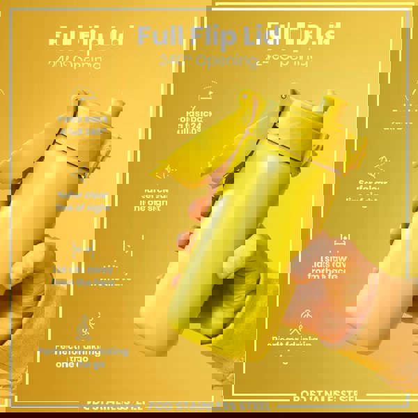 A yellow water bottle, with a 240° opening lid, is held in a hand against a yellow background. The lid folds back completely for easy access and a safer drinking experience while on the go; it is made of stainless steel.
