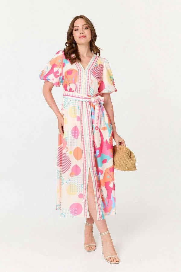 Pink | Abstract Short Puff Sleeve Midi Dress