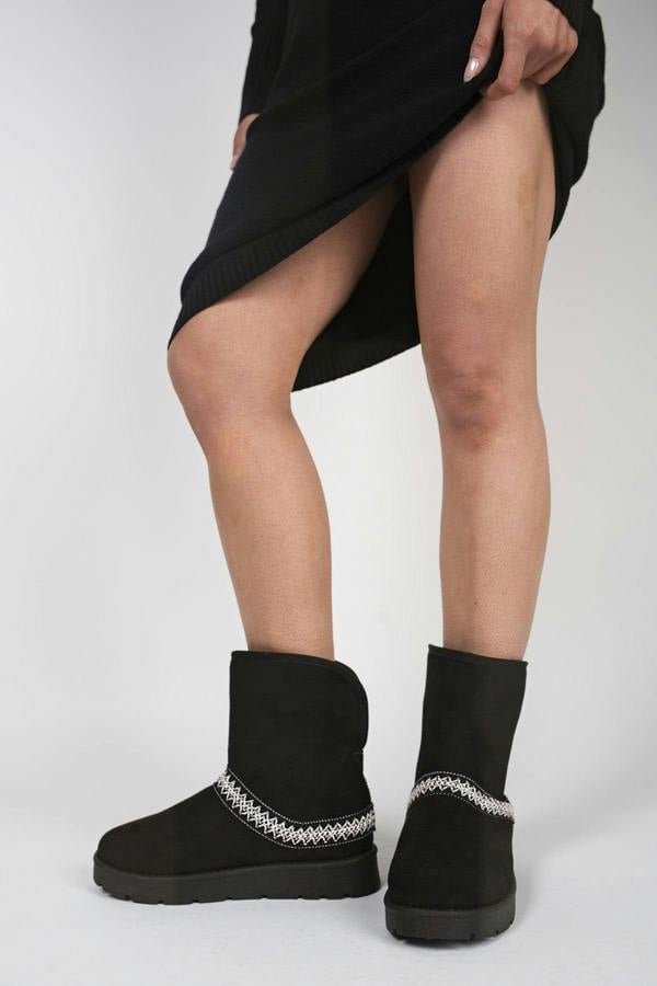 Karsie Suedette Embroidered Flat Ankle Boots - Black