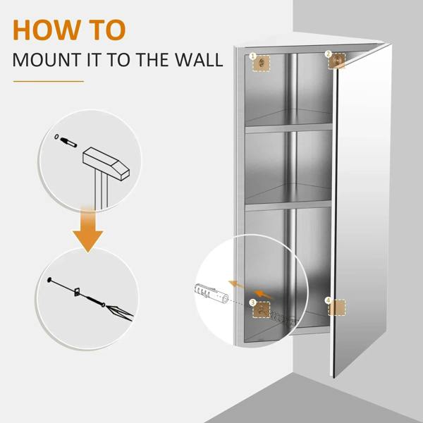 Wall-mounted corner cabinet installation view with hinged mirrored single door