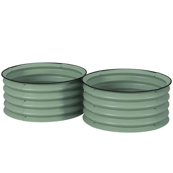Two green ribbed metal planter boxes with wide open top rims