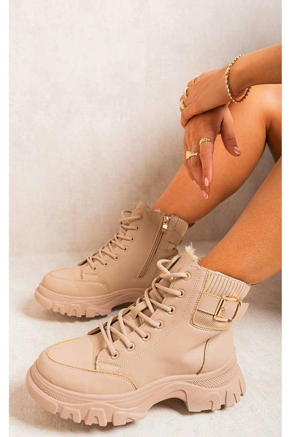 Clarissa Chunky Lace Up Platform Ankle Boots - Beige