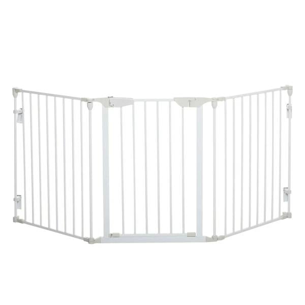 White metal pet safety gate with three hinged panels and vertical bars