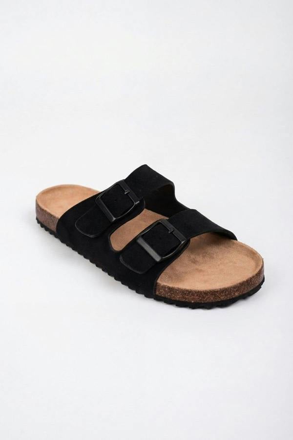 Harper Womens Double Buckle Cork Slide Sandals - JET BLACK