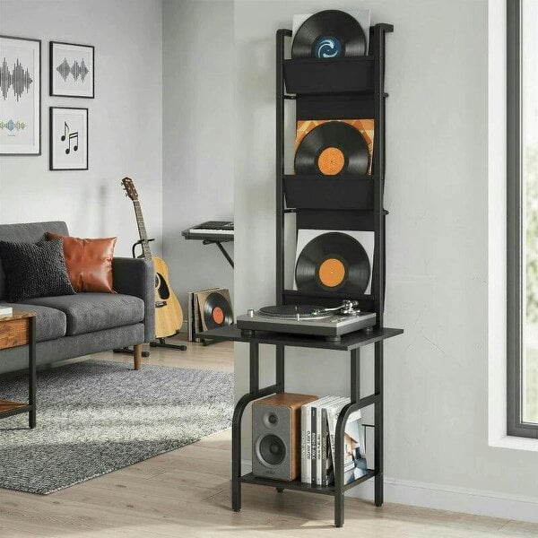 Bobobiy Vinyl Record Player Stand Record Storage with Player Stand Oxford Fabric Pockets Bottom Shelf, Black