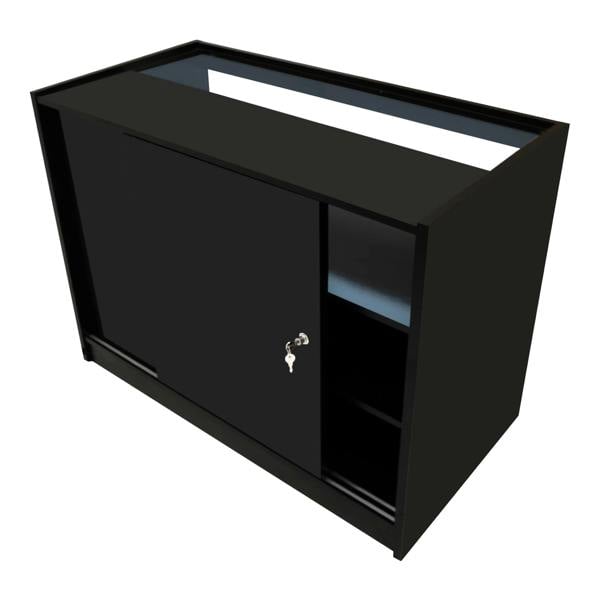 Gravity LED Shop Counter Set in black, featuring a sleek design with sliding doors, storage shelves, and a smooth finish