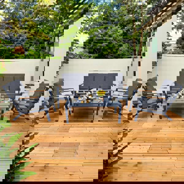 malibu aluminium 5 seat lounge set in grey with olefin cushions & syn teak arms