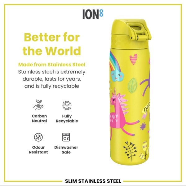 ION8 Leak Proof Slim Water Bottle, Stainless Steel, Yellow Unicorns, 600ml (20oz)