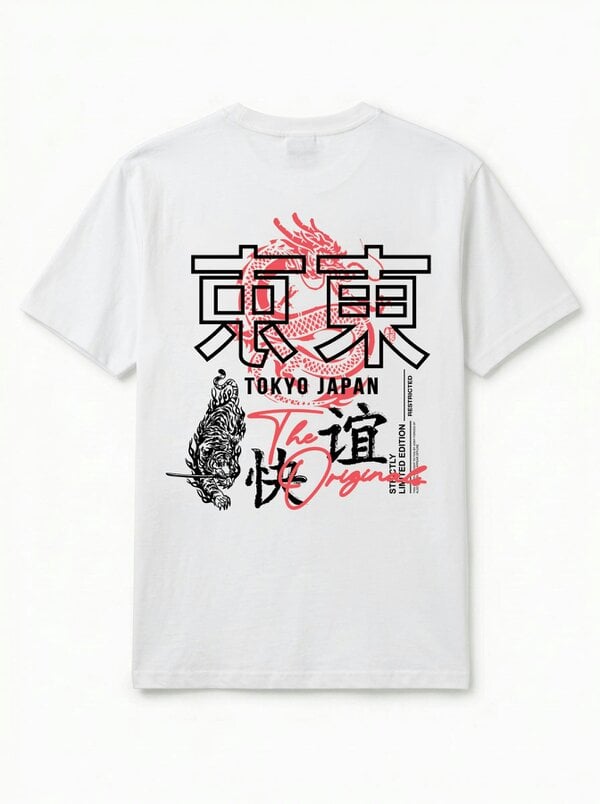 London Attitude Tokyo Dragon Oversized Heavyweight Cotton White T-Shirt
