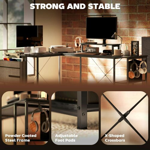 Wyld Haus Kadoso 168cm Black Reversible Industrial L Shaped Desk With Adjustable Shelves And Monitor Stand