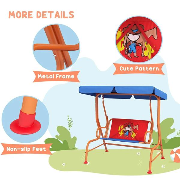 Two-seat kids swing details: orange frame, non-slip feet, blue canopy, cowboy-pattern seat