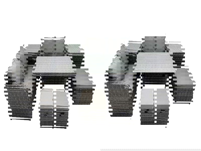 Fimous Wicker PE Rattan Garden Outdoor Furniture Set Love Sofa Dining Table Sets with 3 Stools 2 Side Tables Dark Grey Mixed