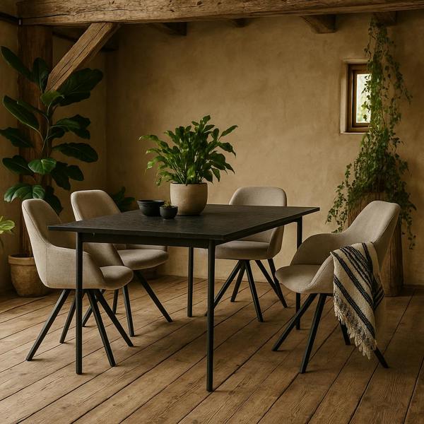 Wyld Haus Norwich Dining Table 200cm with 4 Sand Fabric Swivel Chairs