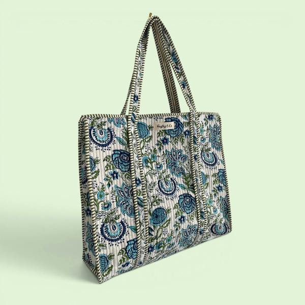 Hayley & Co Blue and Green Floral Quilted Cotton Tote Bag