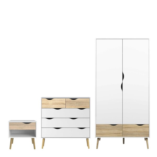 Wyld Haus Sapporo 3 Piece Bedroom Furniture Set White and Natural Oak Wood Effect