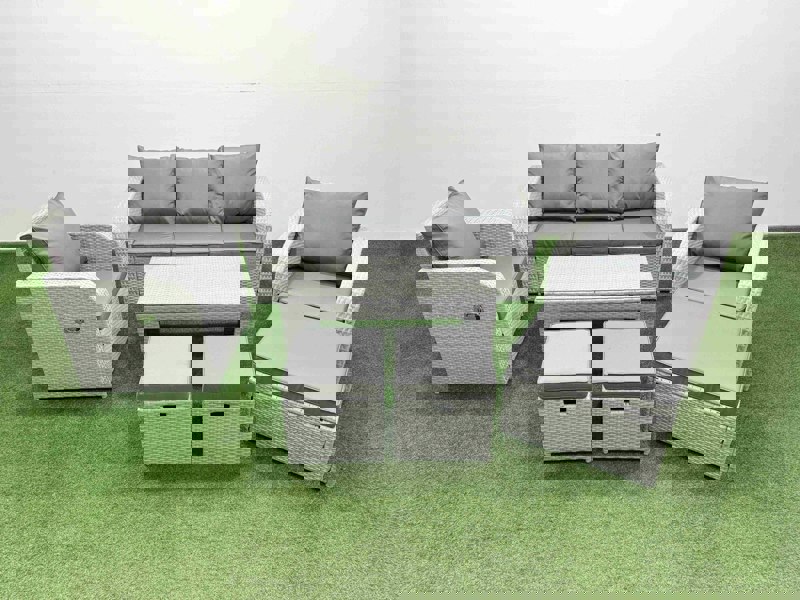 Fimous PE Rattan Garden Furniture Set Reclining Chair Sofa Lounge Sofa Set Rectangular Coffee Table 3 Stools Light Grey
